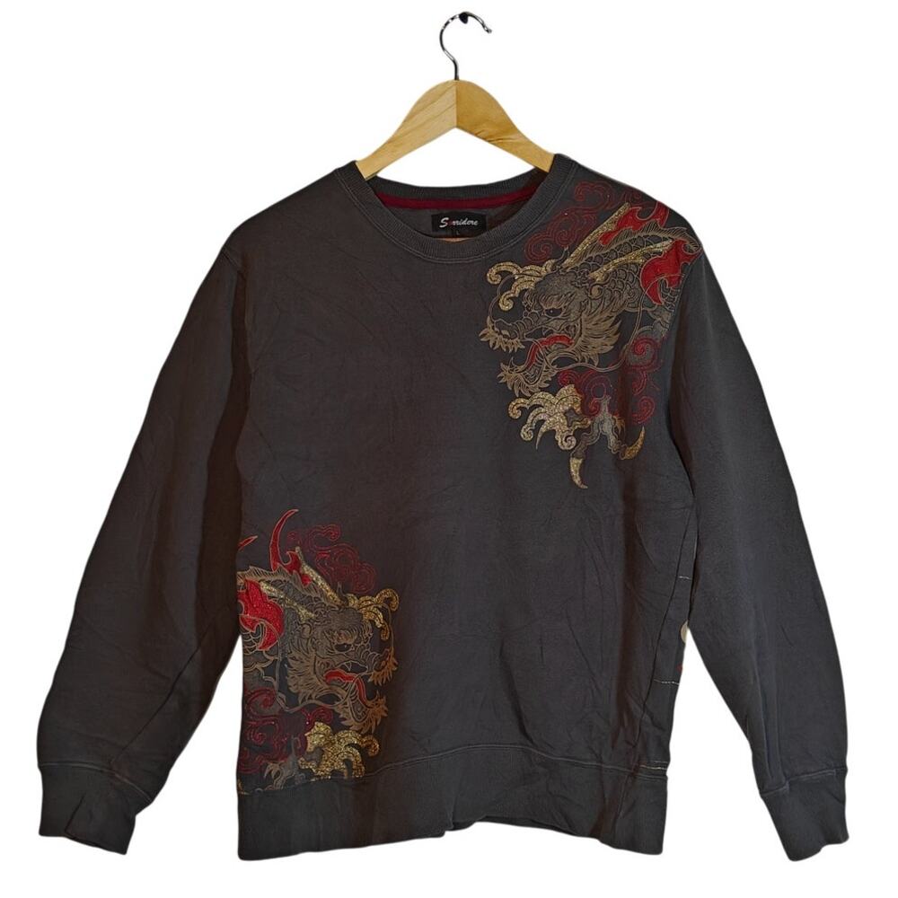 Sorridere Dragon Graphic Sweatshirt L Gray Red Asian Inspired Print